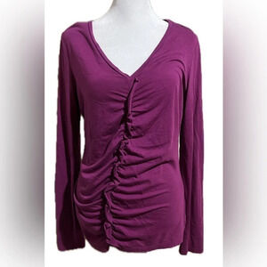 Ann Taylor ruffle front long sleeve v-neck fuschia top medium